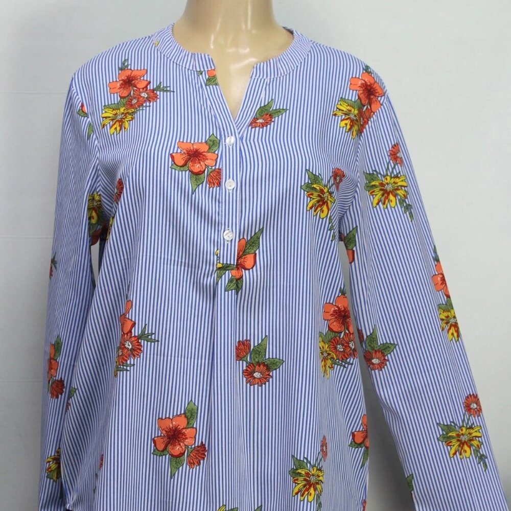 The Skyline Collection Blouse Top Long Sleeve Stripes Floral White/Blue Sz LARGE